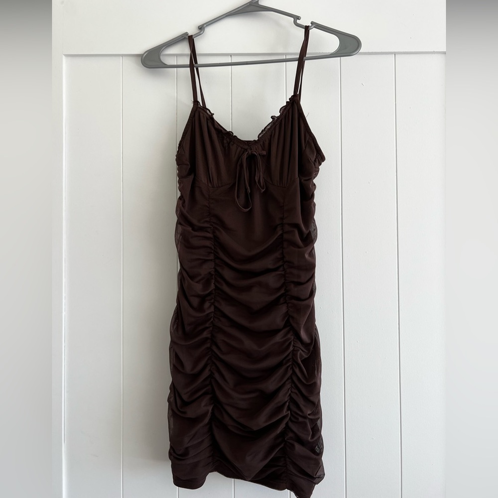 Brown Ruched Fitted Dress